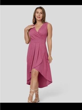 HALARA Size L Deep V Neck Sleeveless Plicated High Low Crossover Hem Midi Dress